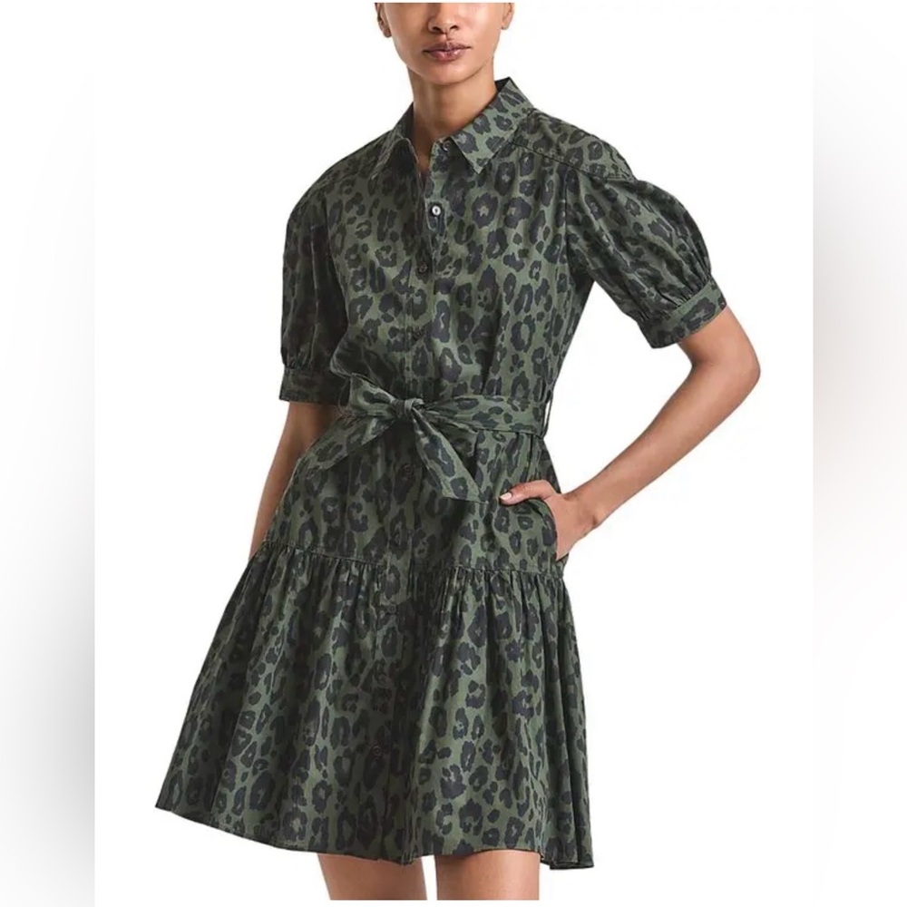Derek Lam 10 Crosby Luma Shirt Dress Olive Black Leopard Sz 10 Cotton Drop Waist